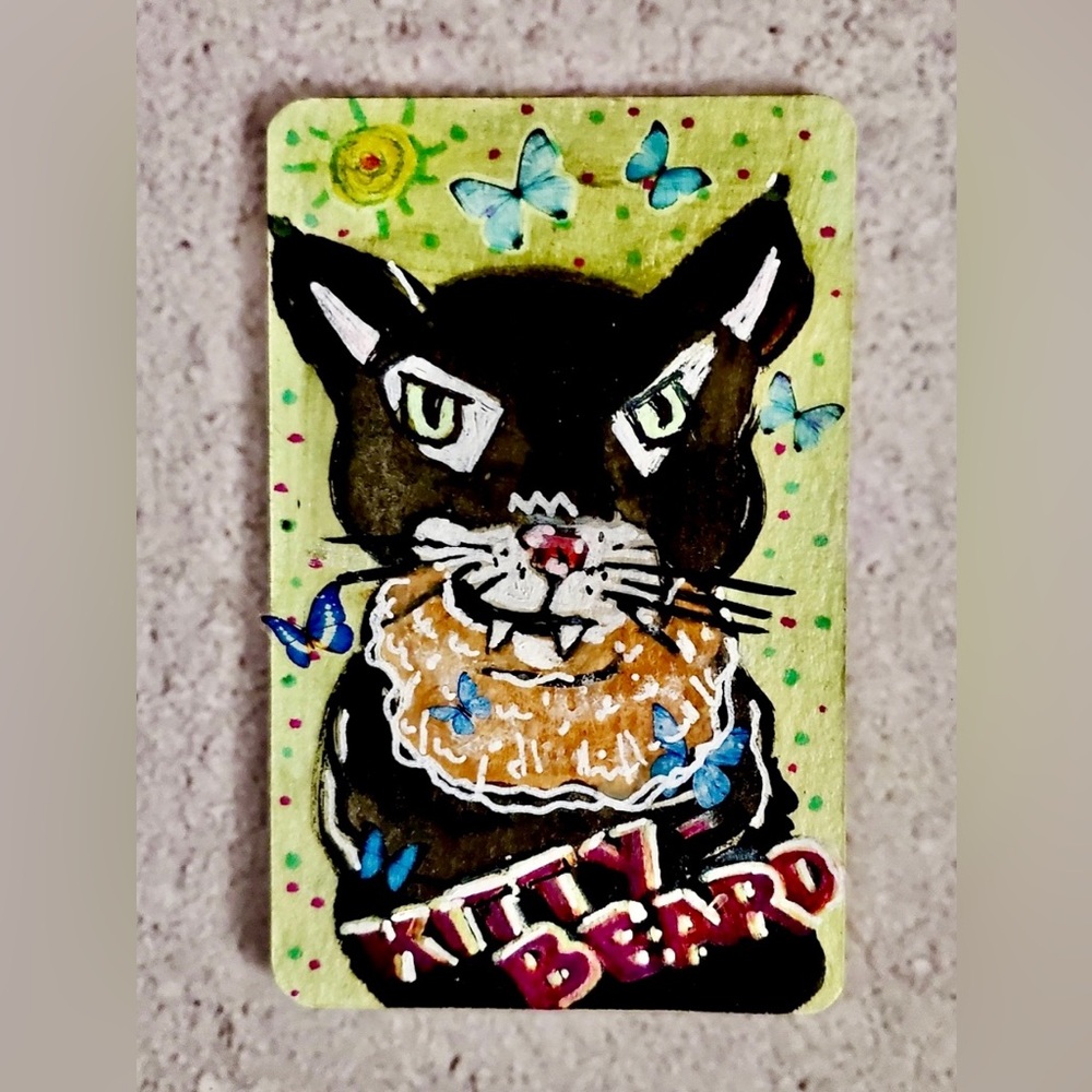 ACEO Original Art Card KITTY BEARD 2.5 x 3.5" Original Artist Trading Card ATC